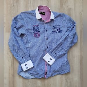 Elegant Blue Striped Dress Shirt with White Accents